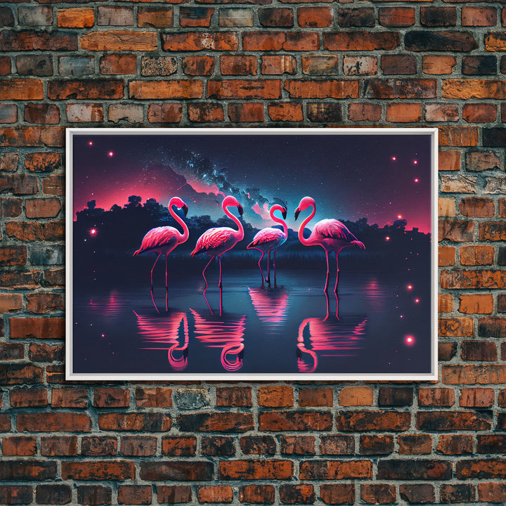 Pink Flamingos against a starry night sky, synthwave vibes, framed canvas print, framed art