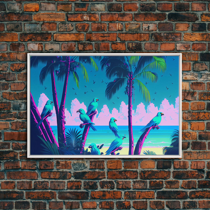 Tropical birds of paradise, synthwave, vaporwave wall art, framed canvas print