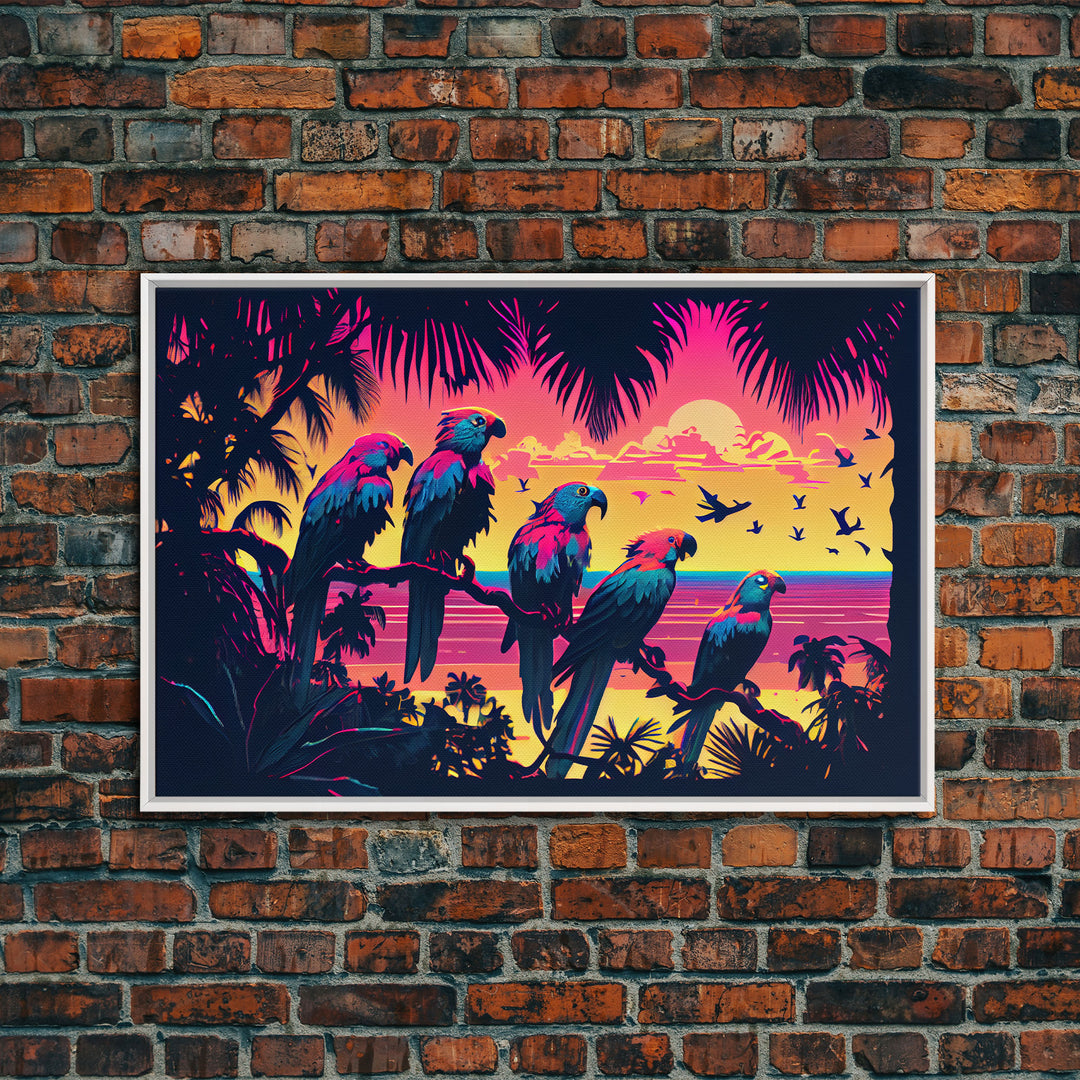 Tropical birds of paradise, synthwave, vaporwave wall art, framed canvas print