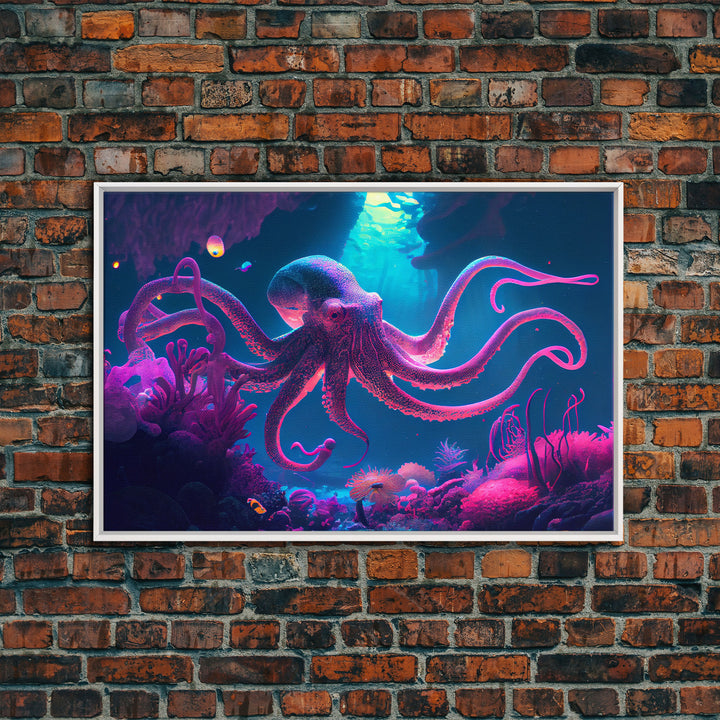 Pink Octopus, Ocean art, aquarium art, framed canvas print, vaporwave pastel art