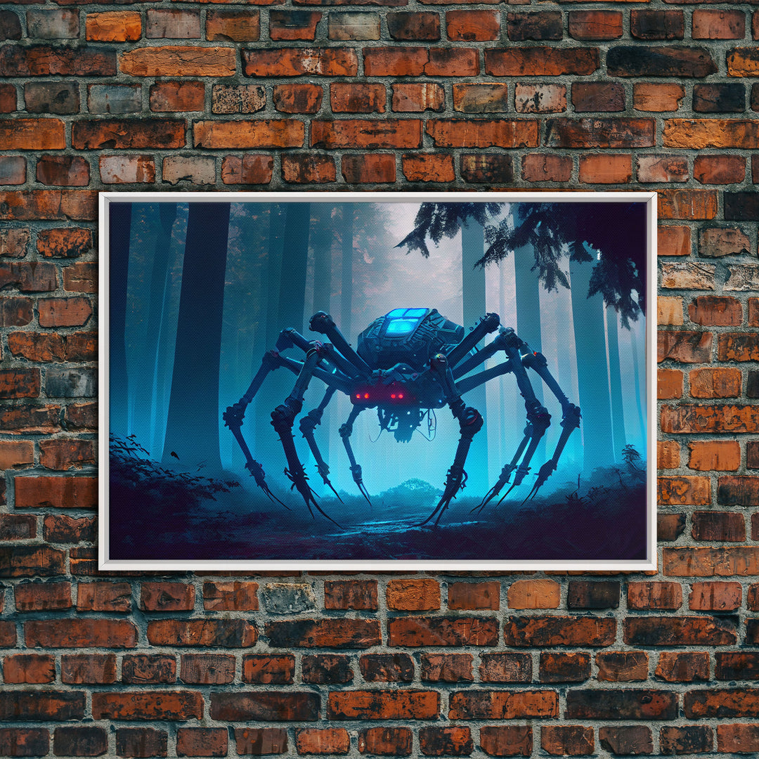 Cyborg Spider, Scifi Fantasy horror art, robot spider on the hunt, framed canvas print