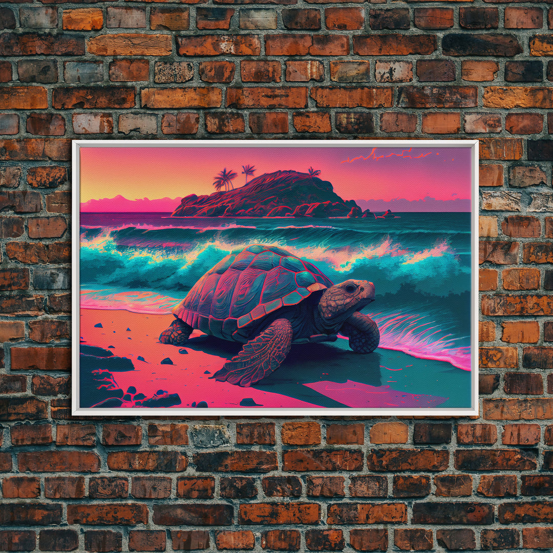 Sea turtle fighting the waves, framed canvas art, synthwave, vaporwave, animal prints