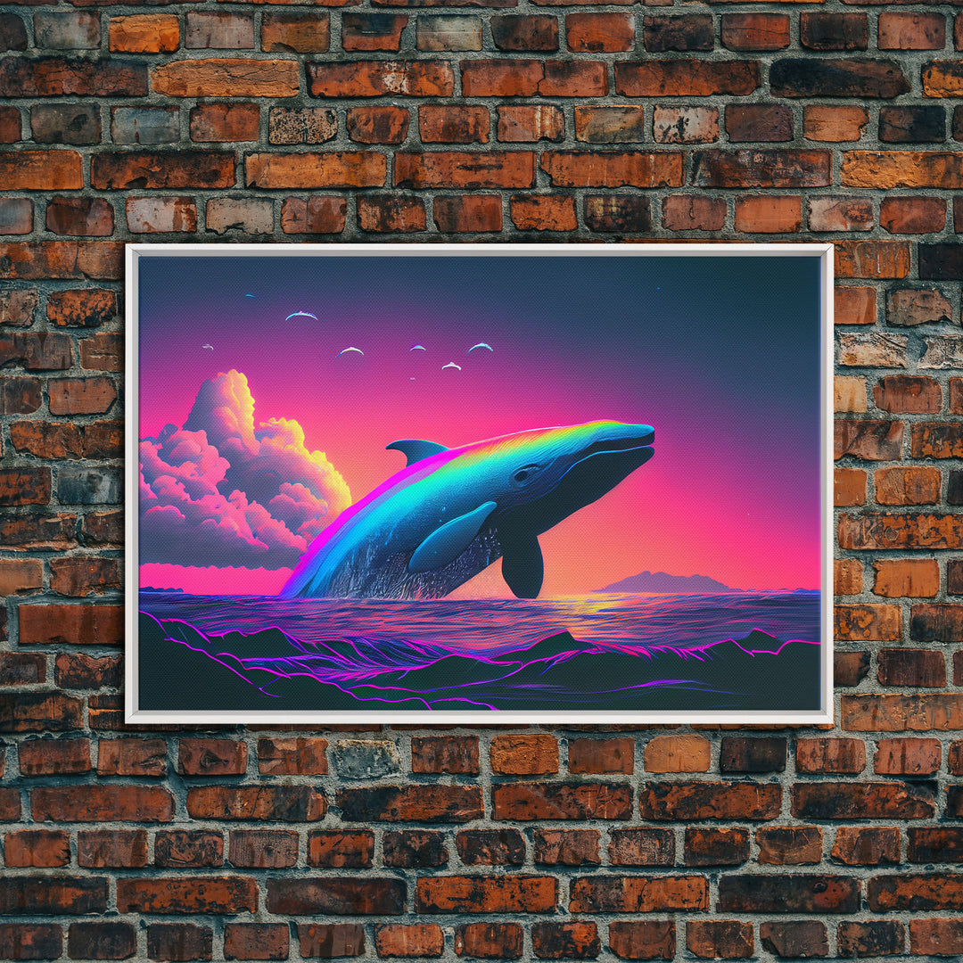 Humpback whale breaching a rainbow, vaporwave art, synthwave animal print, framed canvas print