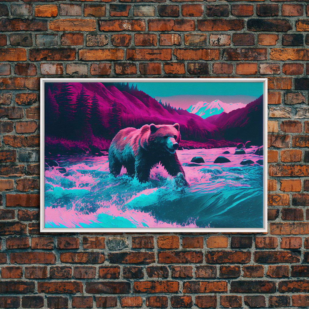 Grizzly bear crossing a river, vaporwave style animal print art, framed canvas print