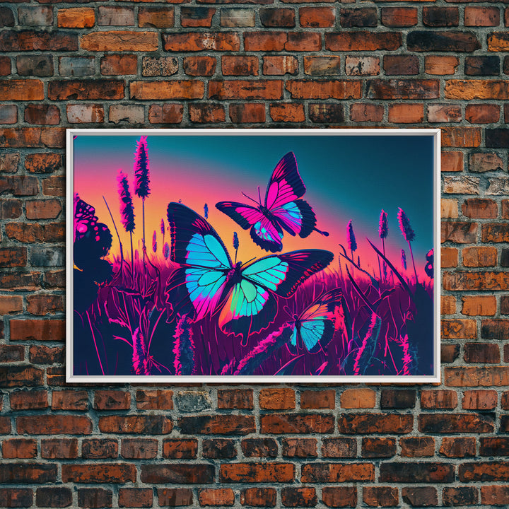 Beautiful turquoise butterfly art, vaporwave aesthetic pastel art, framed canvas print, synthwave art