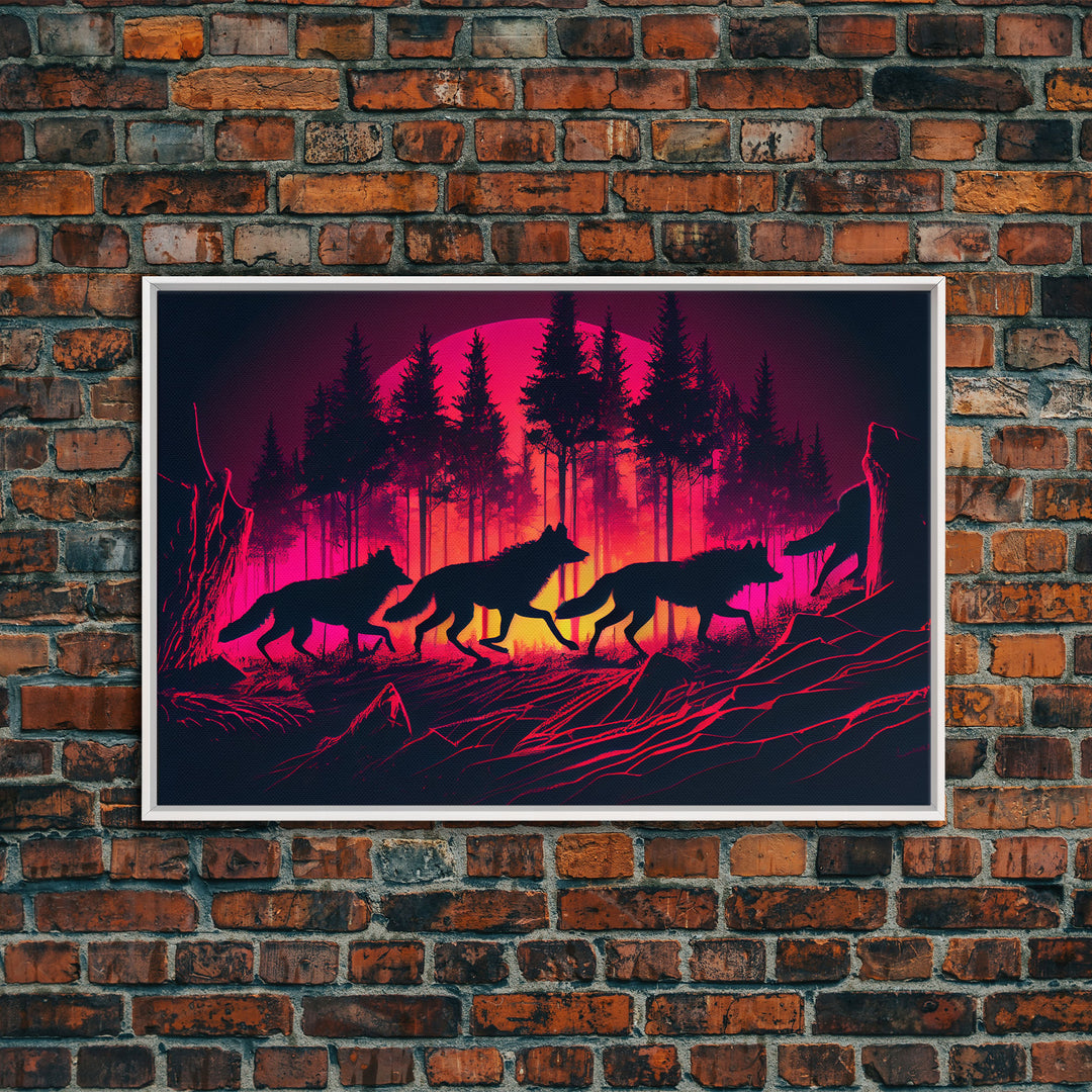 Wolf Pack on the hunt at sunset, synthwave animal art, framed canvas print