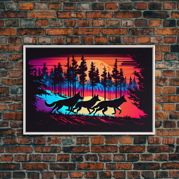 Wolves on the hunt at sunset, synthwave animal art, framed canvas print, vaporwave aesthetic animal art