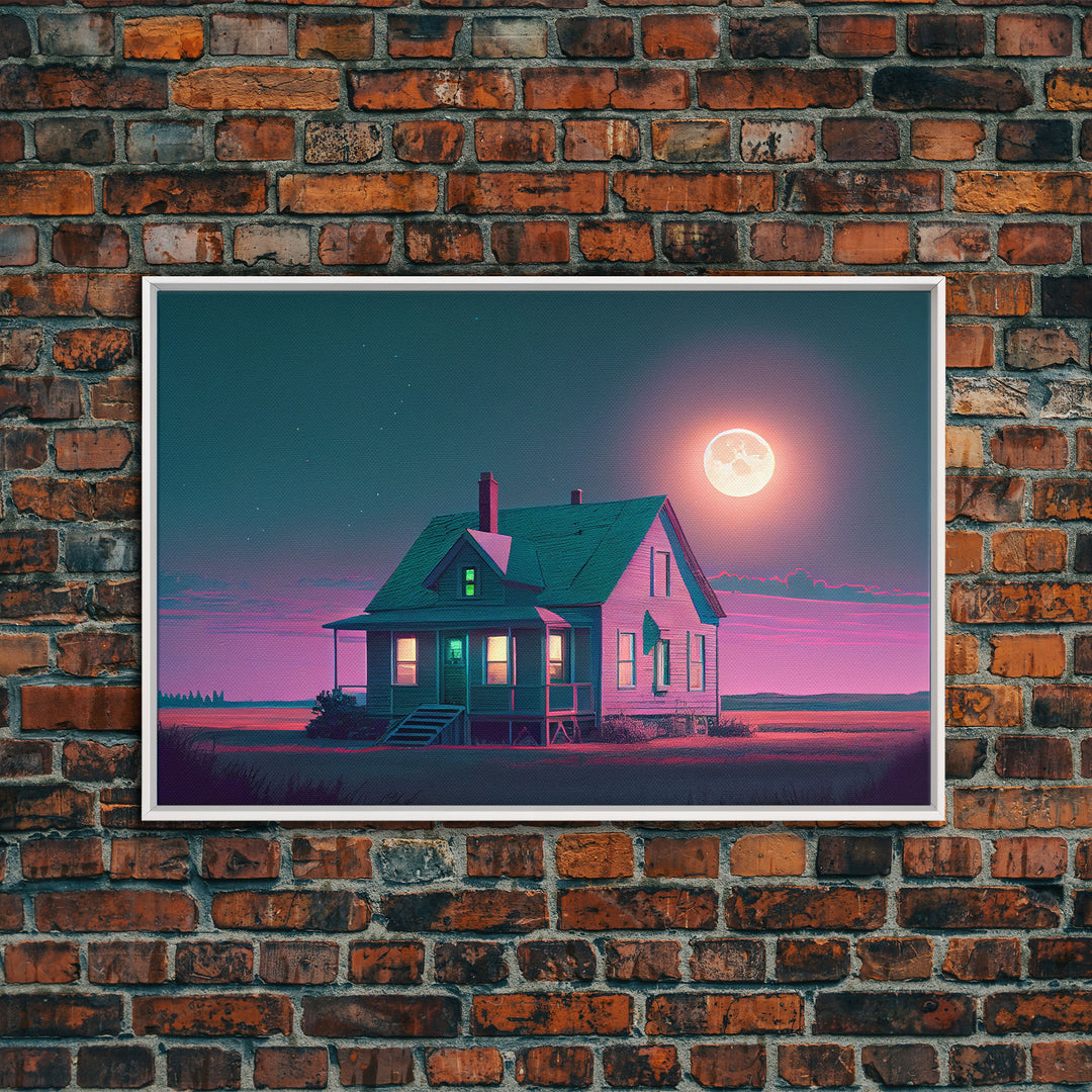 Primitive Retro Mashup, Little house on the prairie, vaporwave aesthetic style framed canvas print