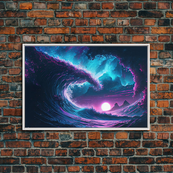 The Wave, Synthwave style ocean art, sunset in a wave, framed canvas print