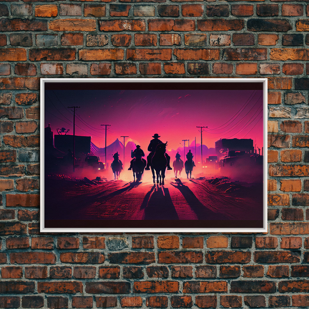 Retro Synthwave Style Post-Apocalyptic Cowboys, framed canvas print, retro outrun style wild west art