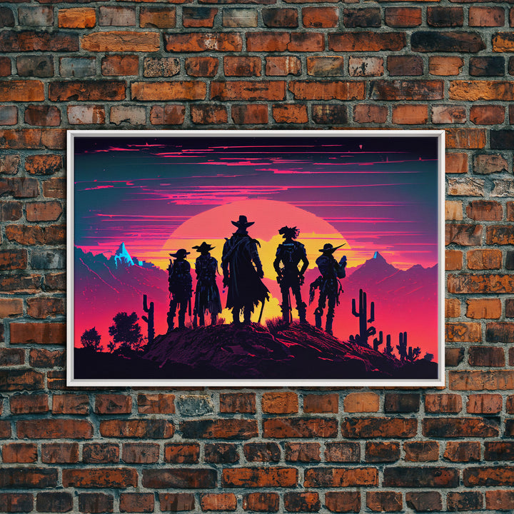 Retro Synthwave Style Wild West Cowboys, framed canvas print, retro outrun style wild west art