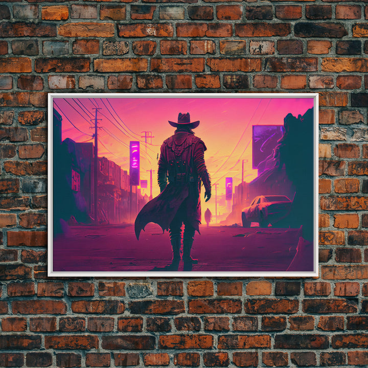 The Gunfighter, Retro Outrun style wild west cowboy art, framed canvas print