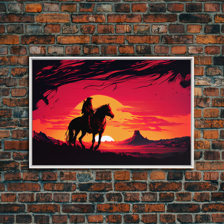 Retro Wildwest Sunset Art, Framed Canvas Print, Native American Warrior on Horseback