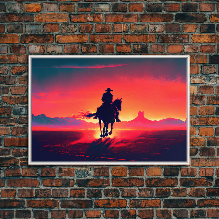 The Sunset Ride, Wild West Cowboy Art, retro style western decor, framed canvas print