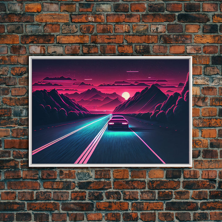 Midnight Drive, Unique Synthwave Style Retro Art, 80s style art, framed canvas print