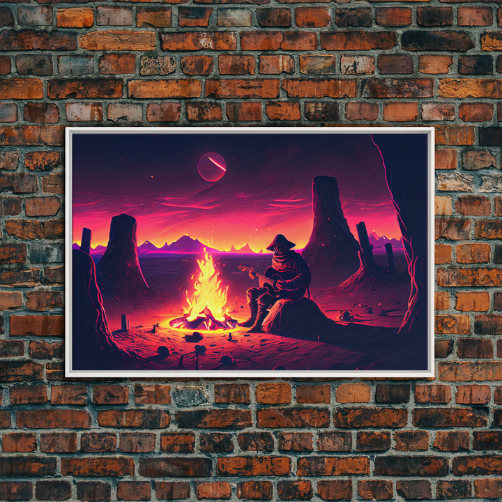 Campfire Songs, Retrowave style art, framed canvas print, synthwave art