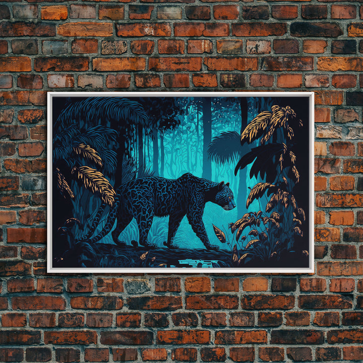 Black and Turquoise Panther, framed canvas print, unique wall art, wildlife canvas art, living room wall art