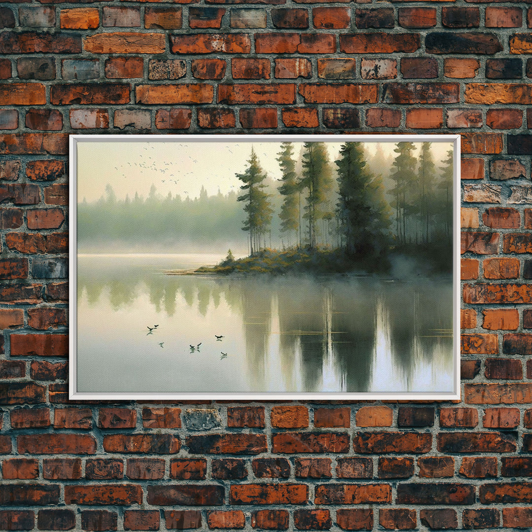 Misty Morning Sunset over a Oregon Lake, framed canvas print, beautiful nature / landscape art, boho minimalist farmhouse wall decor