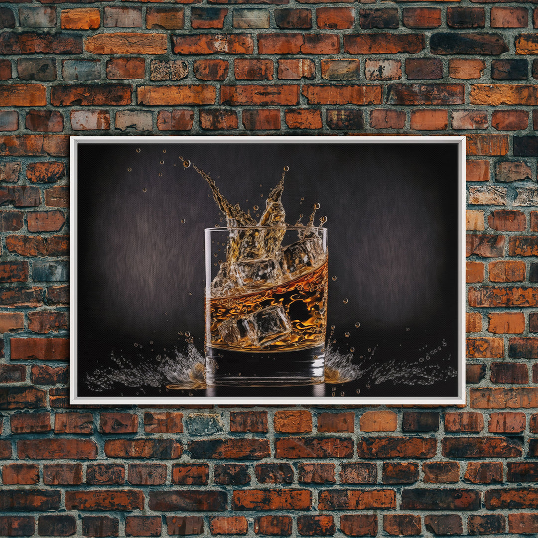 Whiskey Wall Décor, Glass of Whiskey with Splash, Man Cave Wall Art, Whisky Artwork, Home Bar Decor, Framed Canvas Print