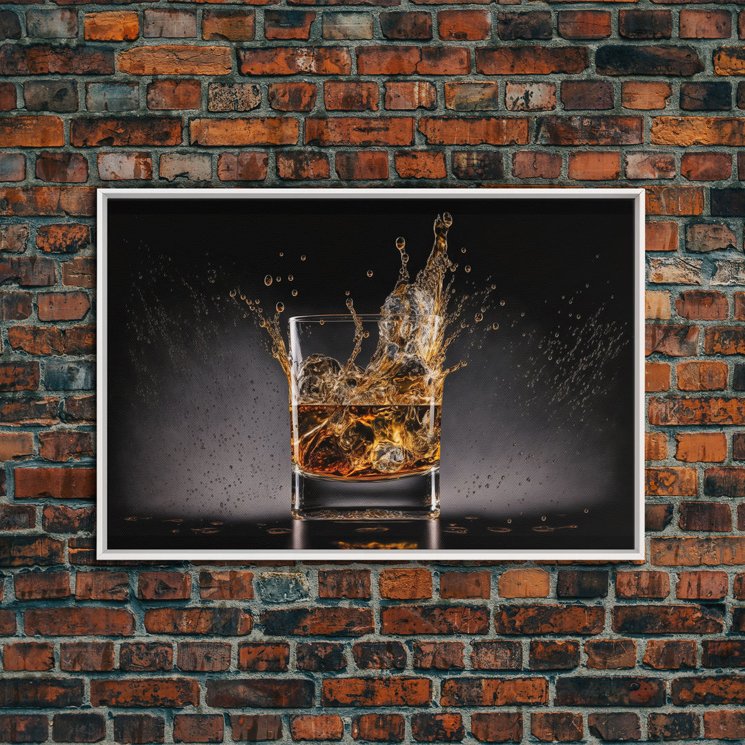 Whiskey Wall Décor, Glass of Whiskey with Splash, Man Cave Wall Art, Whisky Artwork, Home Bar Decor, Framed Canvas Print, Manly Art