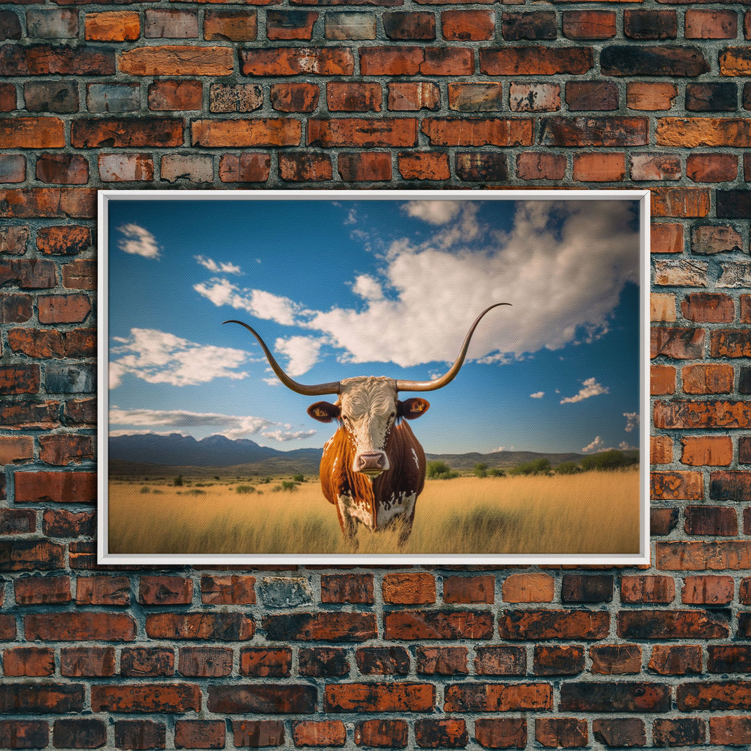 Texas longhorn art Rustic wall art, wall decor Western farmhouse decor, cow framed canvas print, Trendy wall art, Longhorn canvas print