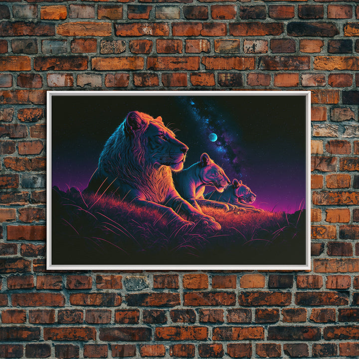 Retro Synthwave Style Lion Art, African Wildlife, Framed Canvas Print, Pastel Tones Wall Decor