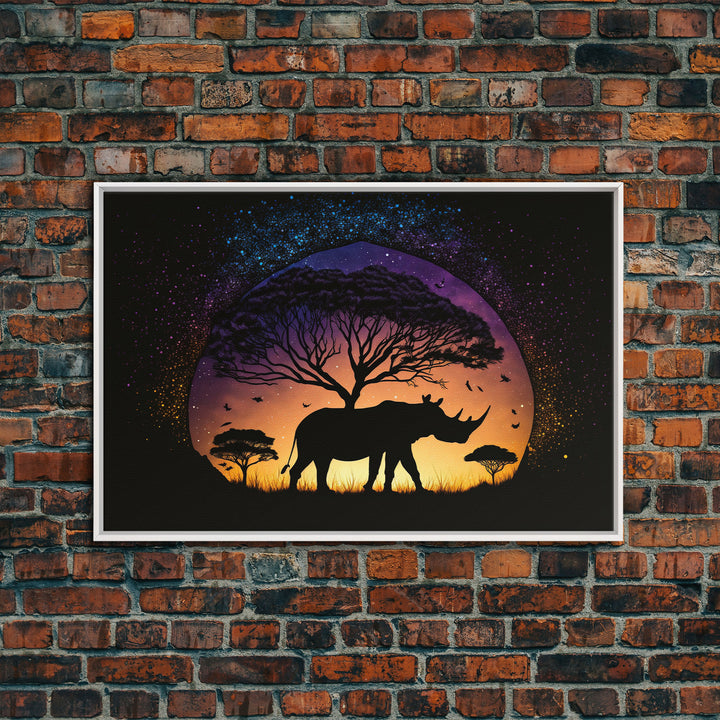 Rhino Silhouette against a starry night sky, wildlife art, animal prints, framed canvas print