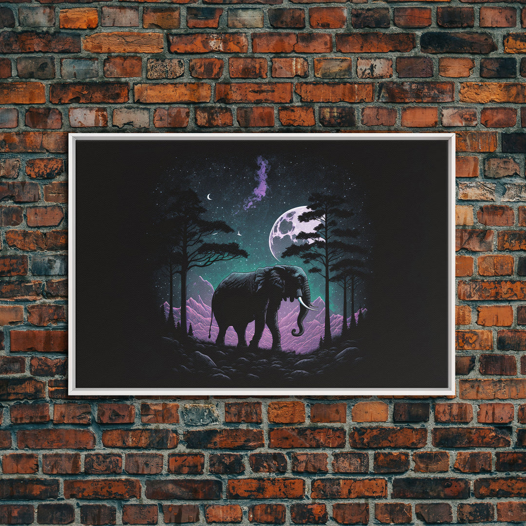 Synthwave Elephant Art | Framed Canvas Print | Framed Wall Art | Animal Prints | Wildlife Art | Elephant Walks Under A Full Moon