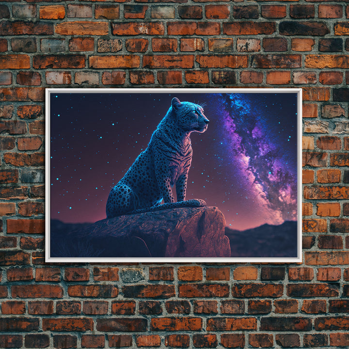 Synthwave Animal Prints, Cheetah and a starry night sky, framed canvas print, cute animal art