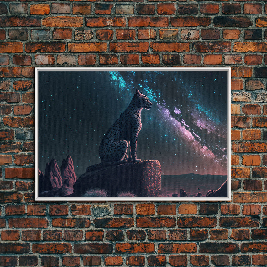 Cheetah overlooking the valley, synthwave retro style animal prints, framed canvas print, framed wall art, starry Africa night sky