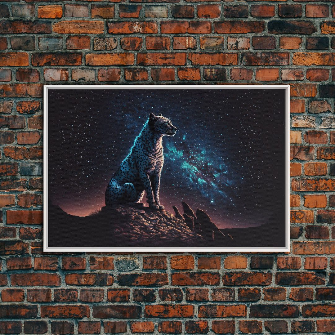 Cheetah Print, Synthwave Animal Prints, Cheetah and a starry night sky, framed canvas print, cute animal art