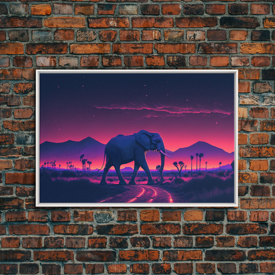 Elephant Art | Framed Canvas Print | Synthwave Style Framed Wall Art | Animal Prints | Elephant Walks Under A Full Moon | Kid's Room Decor