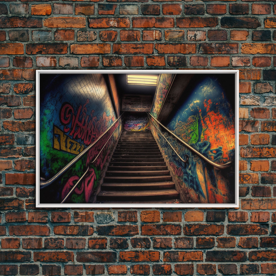 Graffiti Covered Staircase | Subway Stairs | Framed Canvas Print | Punk Art | Dystopian Cyberpunk Art