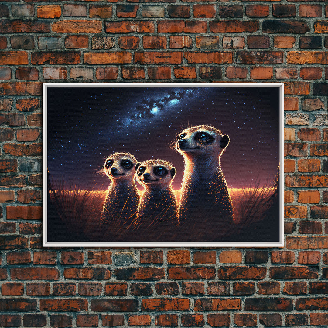 Meerkat Art, framed canvas print, Animal art, starry night over the plains of Africa