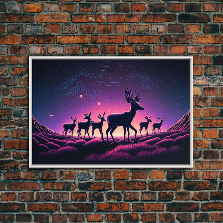 Wildlife at Night, Timelapse art, framed canvas print, synthwave style animal art