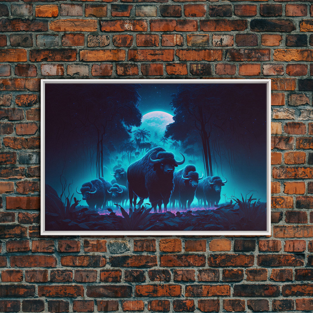 Herd of Water buffalo at midnight, full moon, retro style synthwave animal prints, framed canvas print