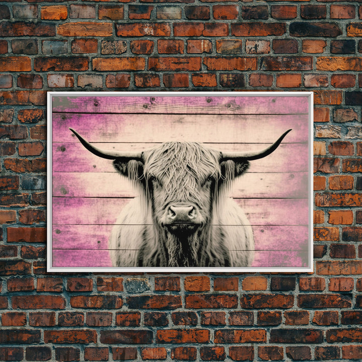 Pink Rustic Cattle Art, Framed Canvas Print, Framed Wall Art, Primitive Rustic Minimalist Farmhouse Decor, Highland Cattle Distressed Art