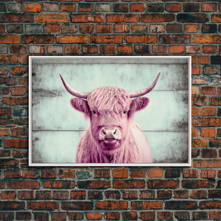 Pink and Turquoise Rustic Cattle Art, Framed Canvas Print, Framed Wall Art, Primitive Rustic Minimalist Farmhouse Decor, Highland Cattle Art