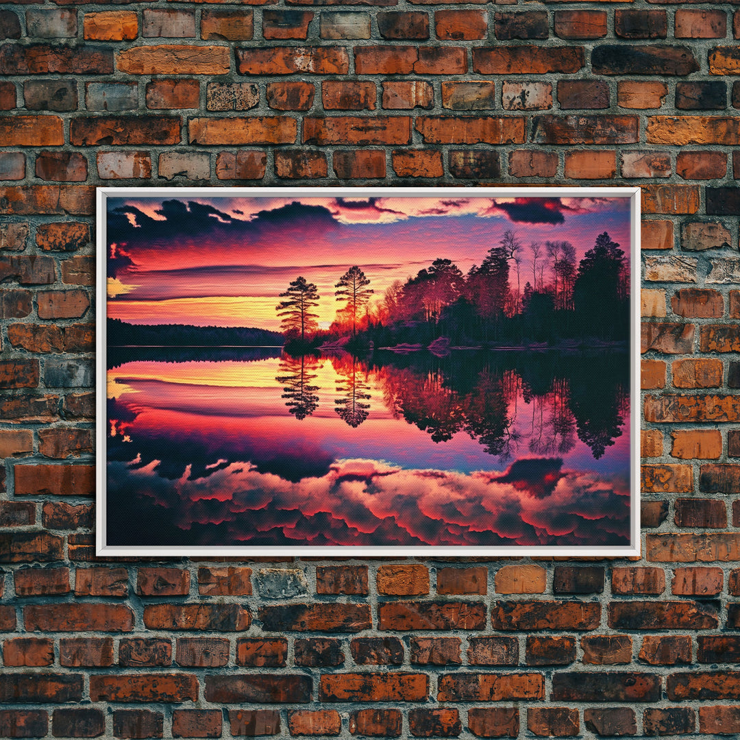 Reflections on the lake, red landscape art, framed canvas print, subdued red nature art