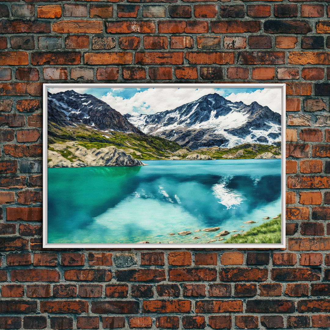 Watercolor painting canvas print of a mountain lake landscape, framed canvas print, framed wall art