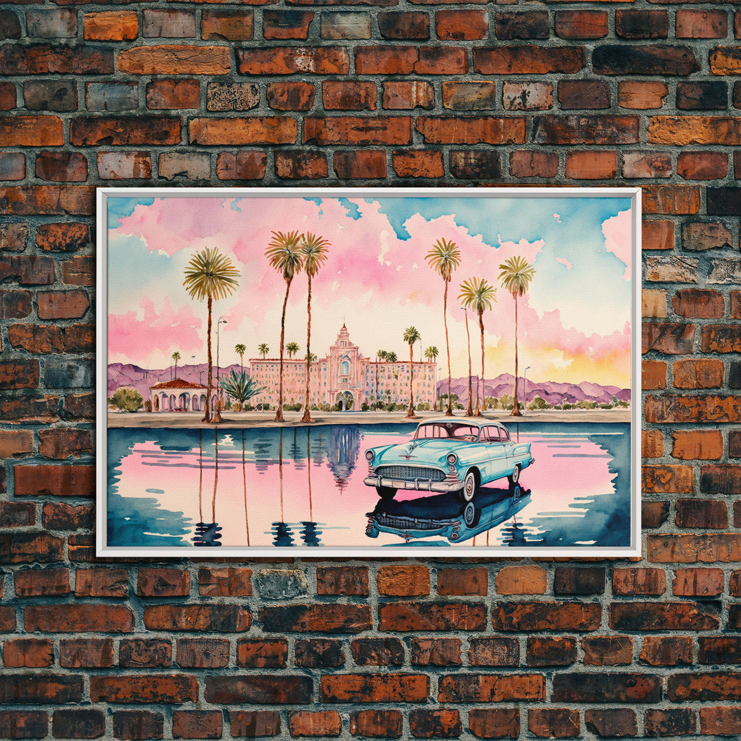 Vaporwave Aesthetic Cuba, Retro 50's car, Tropical Art, Framed Canvas Print