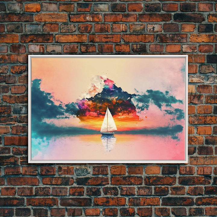 Sailing at Sunset, Watercolor, Framed Canvas Art, Stretched Canvas Print, Nautical Sailing Outrun Style Sunset Art