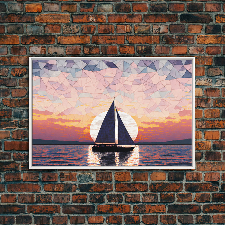 Sailing Under a Stained Glass Sky, Framed Canvas Print, Canvas Art, Nautical Art Deco Style Sunset Art