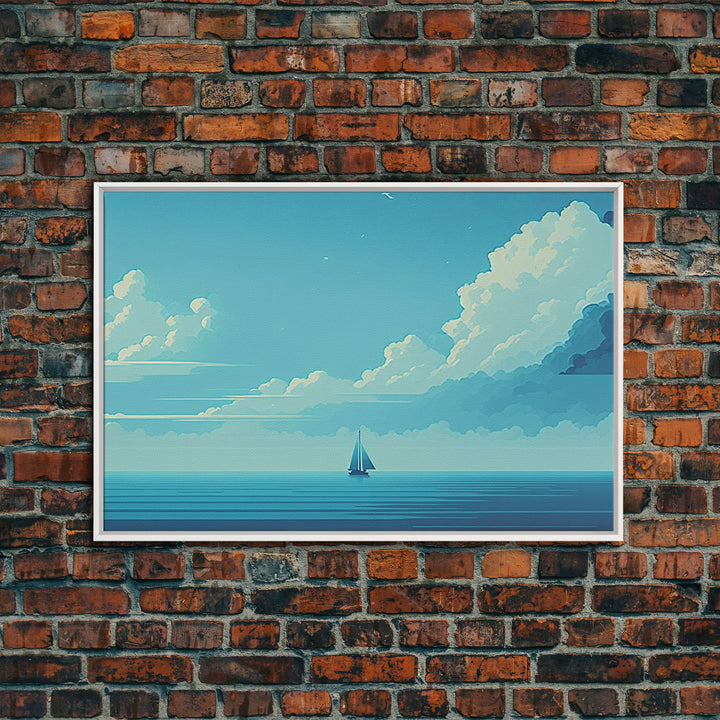 Monochromatic Sail Boat Art, Blue Tones, Framed Canvas Print, Blue Sky and Blue Sea There's Nothing Else For Me