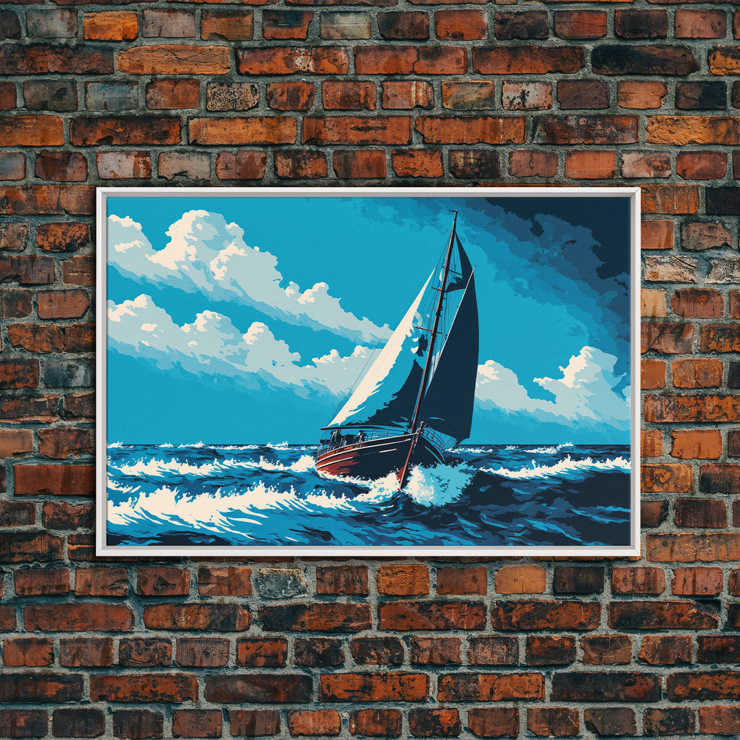 In The Chop, Monochromatic Art, Blue Tones, Framed Canvas Print, Sailing Art, Nautical Themed Decor