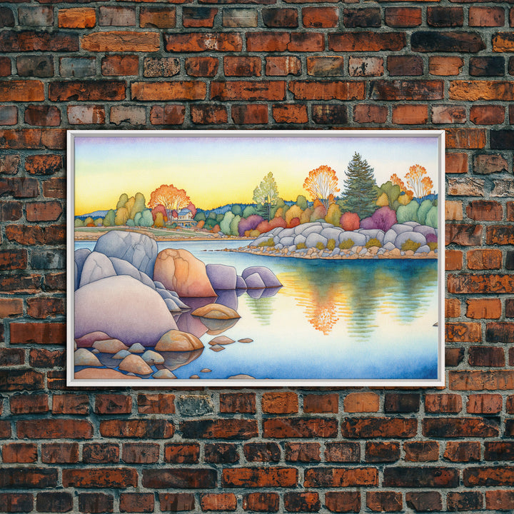 Whimsical Light Tones Watercolor Landscape, Framed Canvas Print, Watercolor Painting, Cottagecore, Farmhouse Art