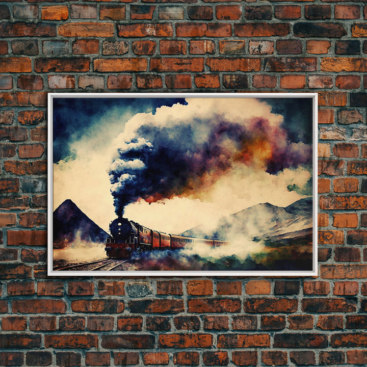 Steampunk Train Watercolor Print, Framed Canvas Art, Wild West 1800s Steam Train, Full Steam Ahead