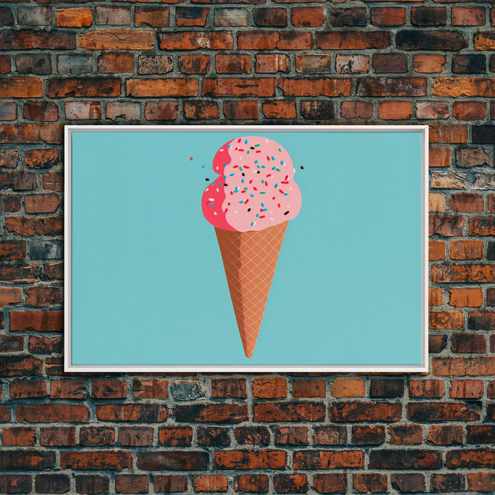 Pop Art Ice Cream Cone With Sprinkles, Retro Style Framed Canvas Print Art, Turquoise Art, Vintage Inspired Ice Cream Shop Wall Art