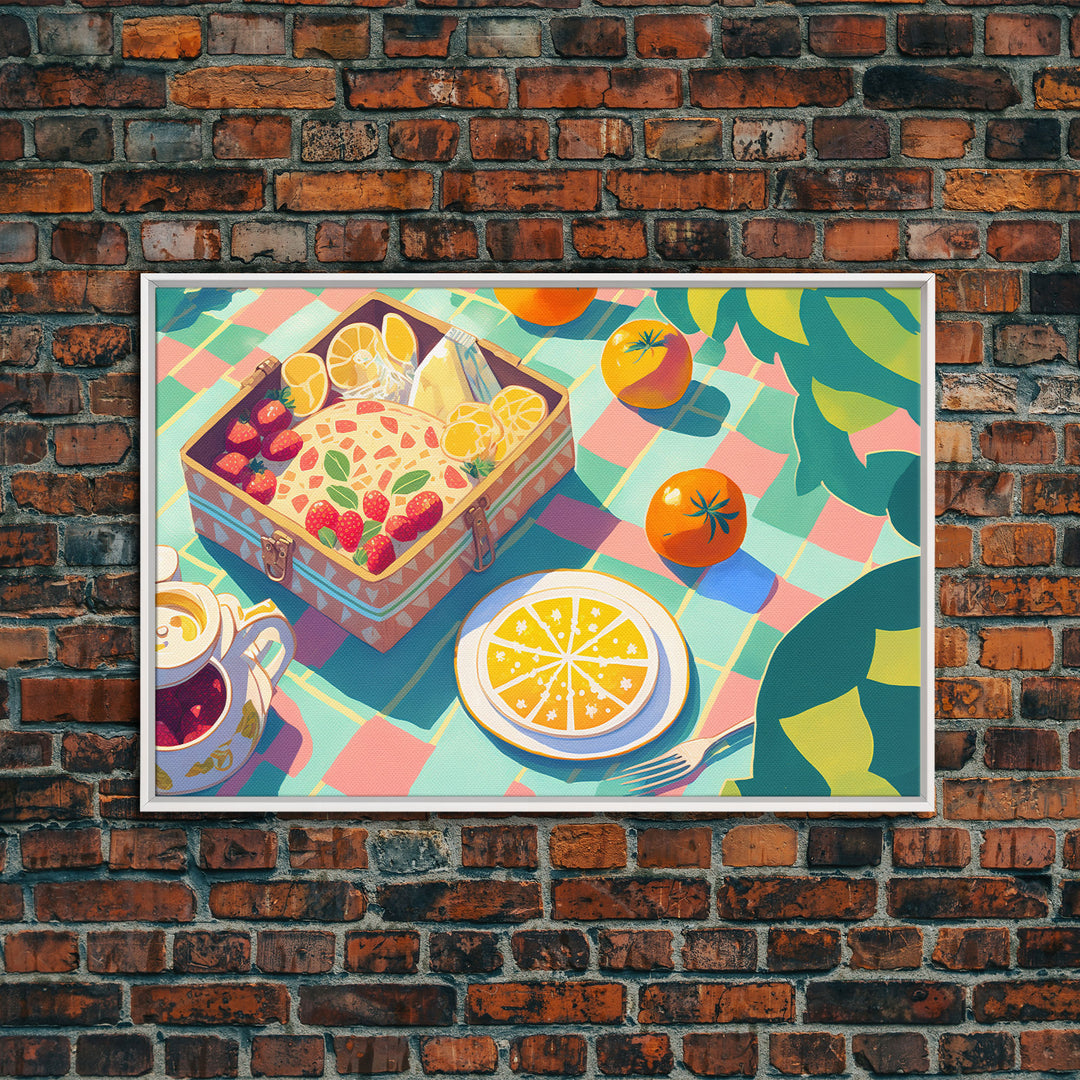 Picnic Art, Whimsical Summer Deserts, Framed Canvas Print, Fruit Tart Painting, Picnic Basket Art