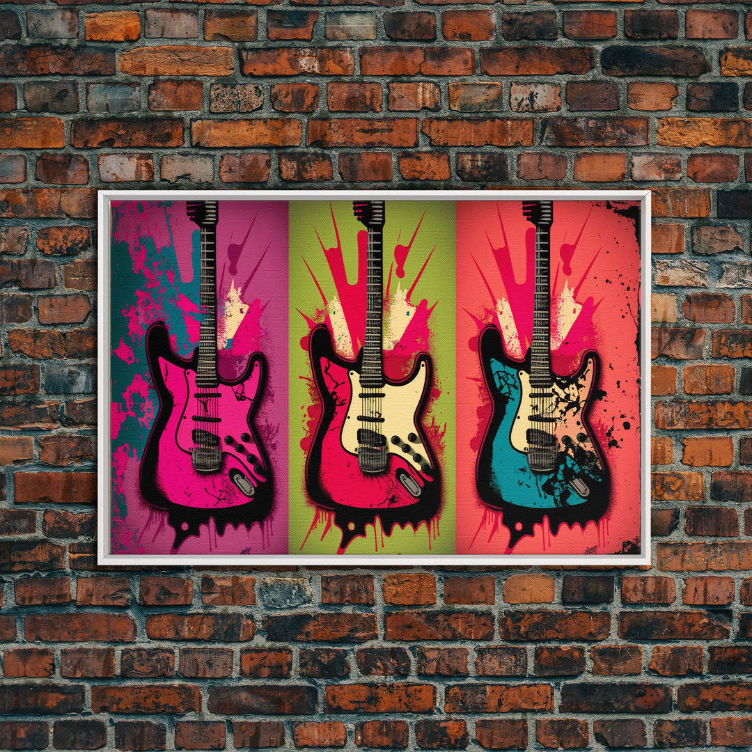 Electric Guitar Pop Art, Instrument Drawings, Framed Canvas Print, Pop Art, Graffiti Splatter Art, Large Living Room Wall Decorr